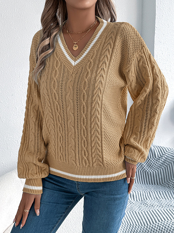 Long Sleeves Puff Sleeves Cable Knit Contrast Color Split-Joint V-Neck Knit Top Sweater Tops - Image 8