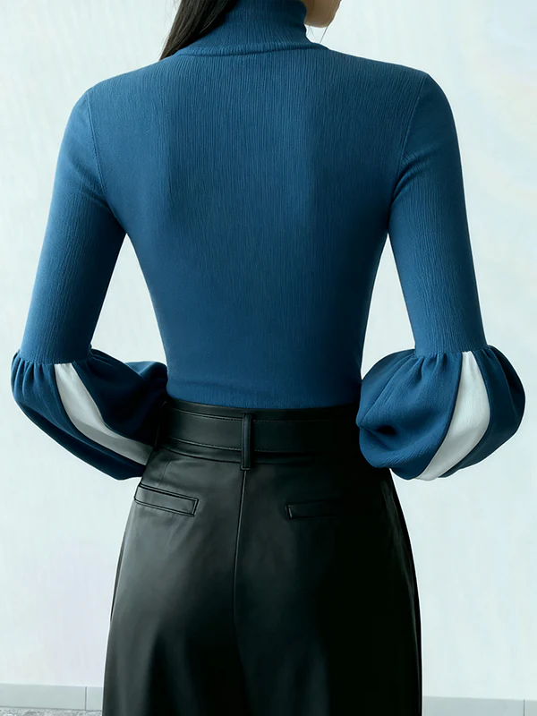 Long Sleeves Puff Sleeves Contrast Color High Neck Pullovers - Image 3
