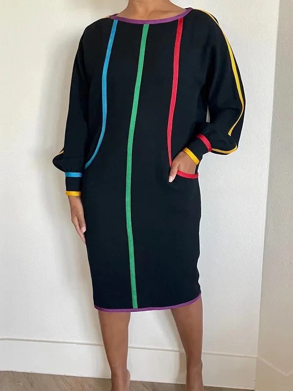 Long Sleeves Puff Sleeves Contrast Color Pockets Round-Neck Midi Dresses - Image 2
