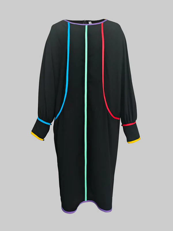 Long Sleeves Puff Sleeves Contrast Color Pockets Round-Neck Midi Dresses - Image 4