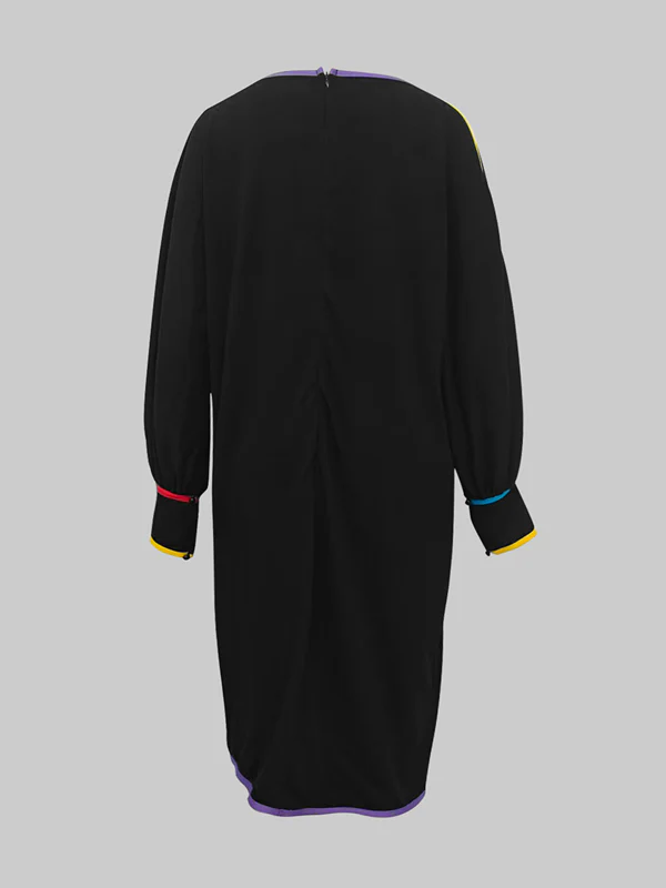 Long Sleeves Puff Sleeves Contrast Color Pockets Round-Neck Midi Dresses - Image 5