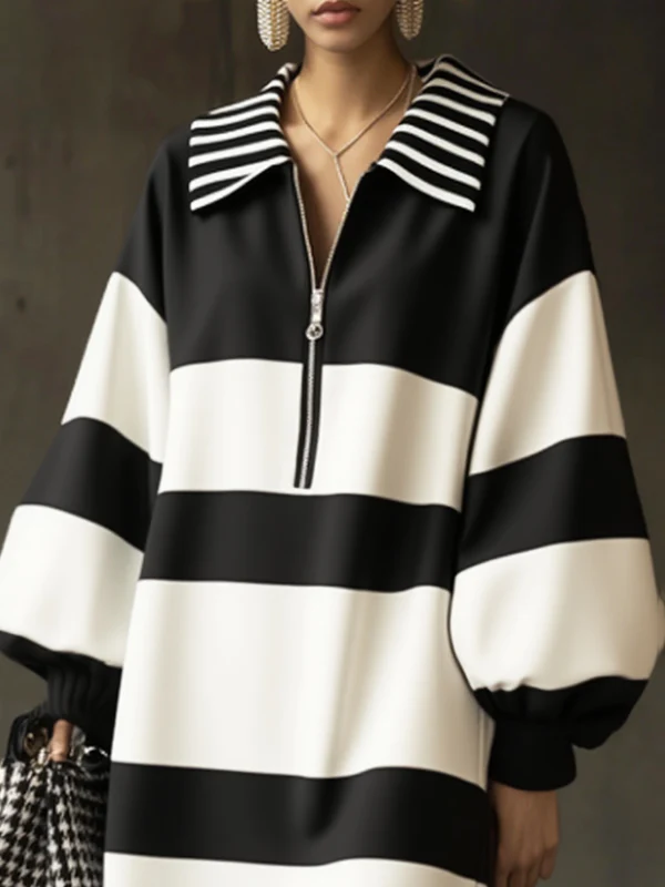 Long Sleeves Puff Sleeves Contrast Color Striped Zipper Lapel Mini Dresses - Image 2