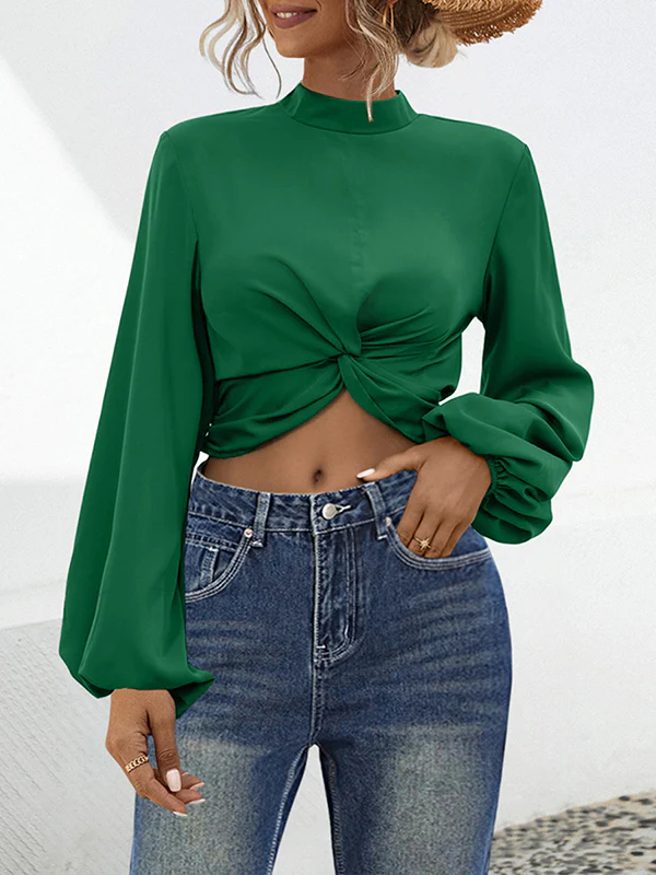 Long Sleeves Puff Sleeves Elasticity Hollow Knot Pleated Ruffled Mock Neck Blouses&Shirts Tops - Image 2