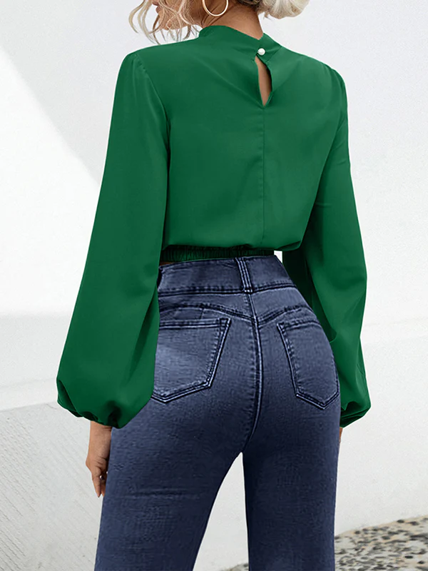 Long Sleeves Puff Sleeves Elasticity Hollow Knot Pleated Ruffled Mock Neck Blouses&Shirts Tops - Image 3