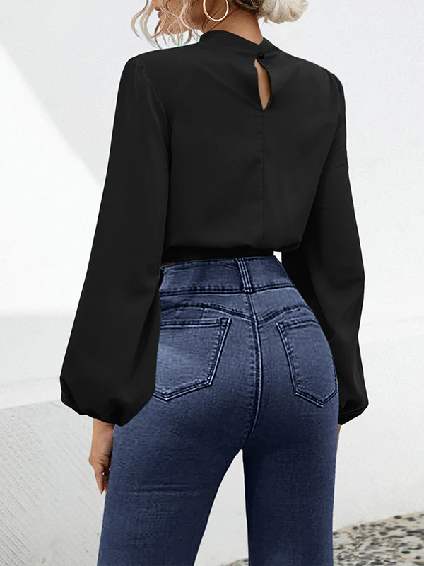 Long Sleeves Puff Sleeves Elasticity Hollow Knot Pleated Ruffled Mock Neck Blouses&Shirts Tops - Image 4