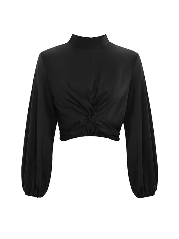 Long Sleeves Puff Sleeves Elasticity Hollow Knot Pleated Ruffled Mock Neck Blouses&Shirts Tops - Image 5
