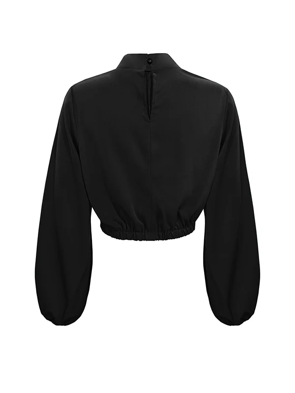 Long Sleeves Puff Sleeves Elasticity Hollow Knot Pleated Ruffled Mock Neck Blouses&Shirts Tops - Image 6