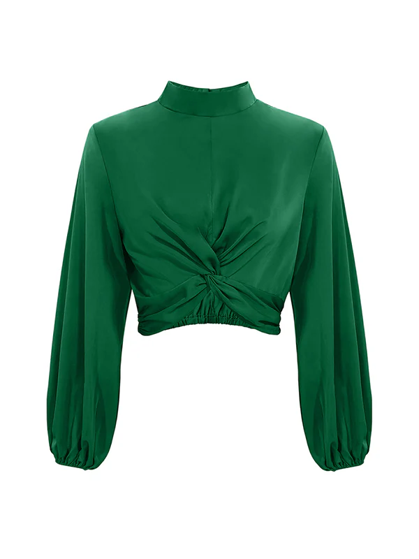 Long Sleeves Puff Sleeves Elasticity Hollow Knot Pleated Ruffled Mock Neck Blouses&Shirts Tops - Image 7