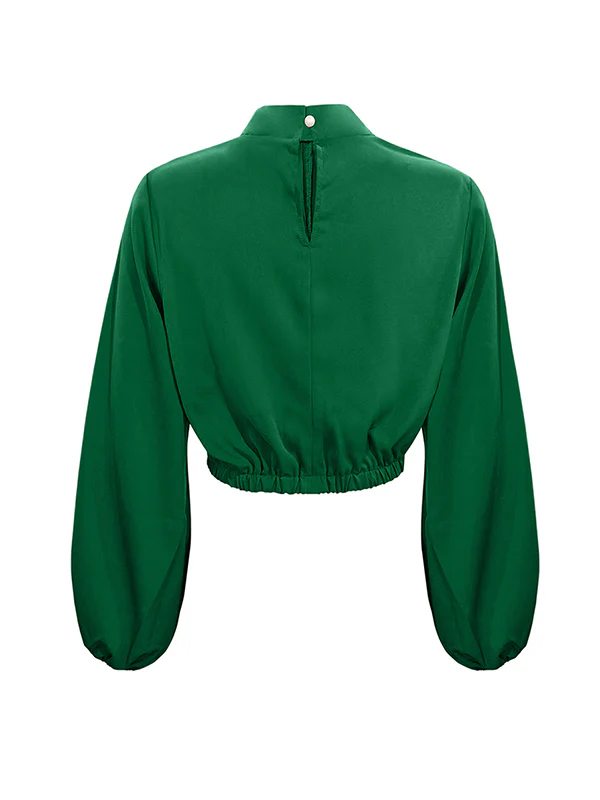 Long Sleeves Puff Sleeves Elasticity Hollow Knot Pleated Ruffled Mock Neck Blouses&Shirts Tops - Image 8