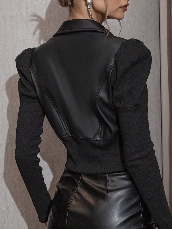 Long Sleeves Puff Sleeves Elasticity Pleated Solid Color Split-Joint Zipper Lapel PU Jackets - Image 6