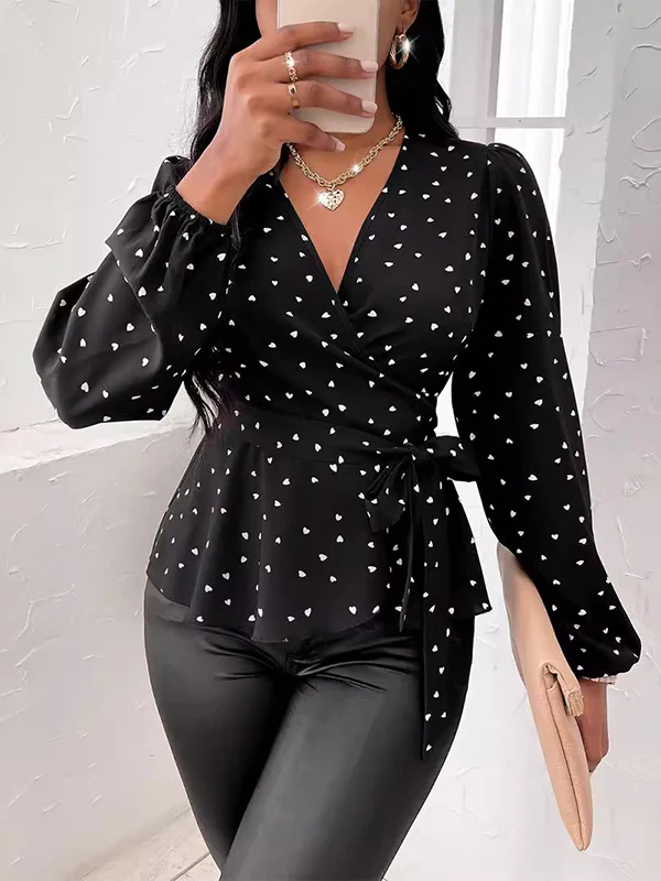 Long Sleeves Puff Sleeves Heart Print Tied Waist Deep V-Neck Blouses&Shirts Tops - Image 2