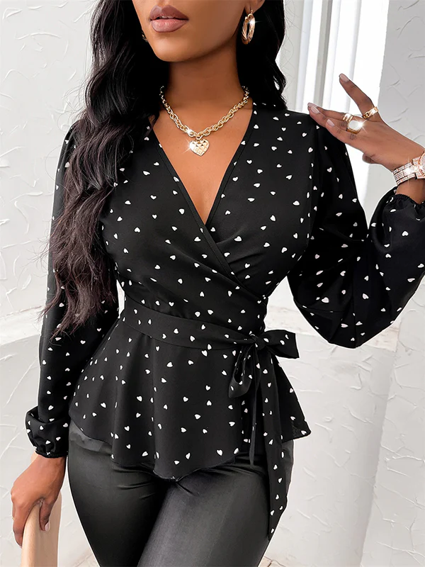 Long Sleeves Puff Sleeves Heart Print Tied Waist Deep V-Neck Blouses&Shirts Tops - Image 3