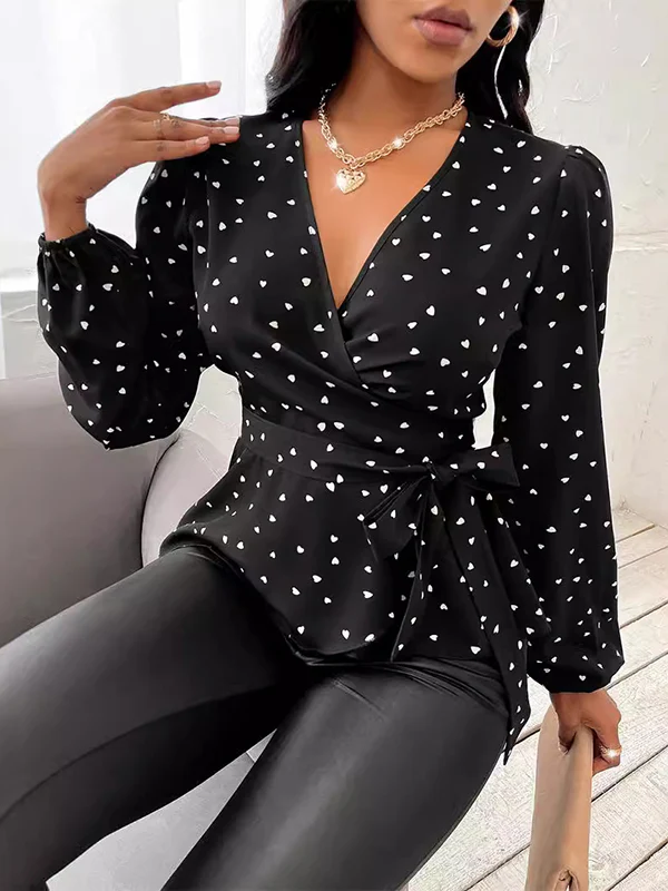 Long Sleeves Puff Sleeves Heart Print Tied Waist Deep V-Neck Blouses&Shirts Tops - Image 4