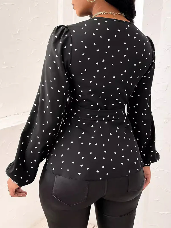 Long Sleeves Puff Sleeves Heart Print Tied Waist Deep V-Neck Blouses&Shirts Tops - Image 5