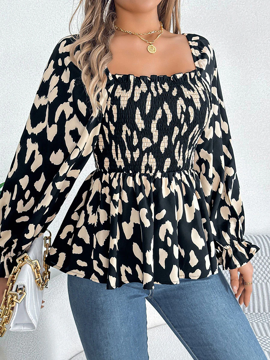 Long Sleeves Puff Sleeves Leopard Pleated Ruffled Square-Neck T-Shirts Tops - Image 10