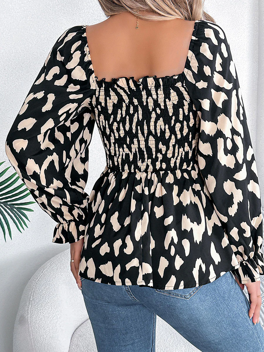 Long Sleeves Puff Sleeves Leopard Pleated Ruffled Square-Neck T-Shirts Tops - Image 11
