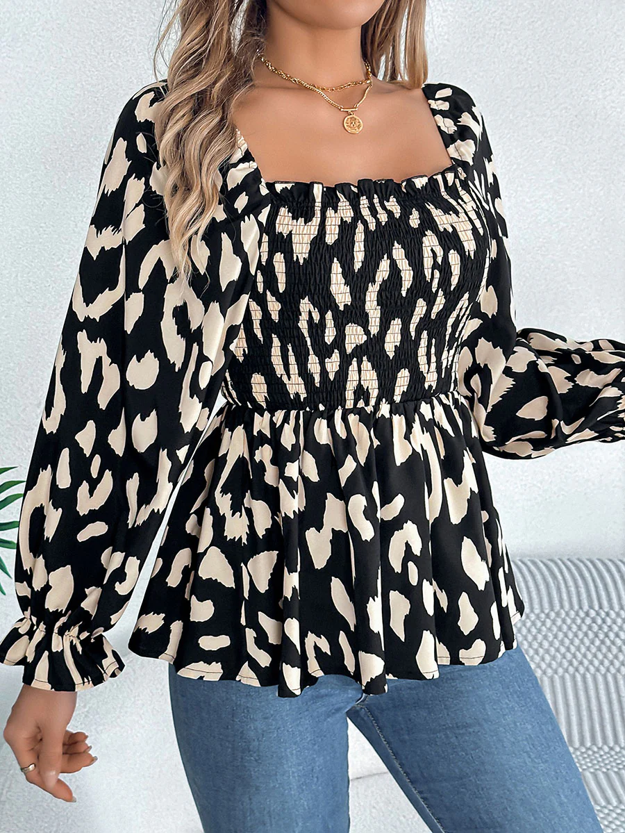 Long Sleeves Puff Sleeves Leopard Pleated Ruffled Square-Neck T-Shirts Tops - Image 12