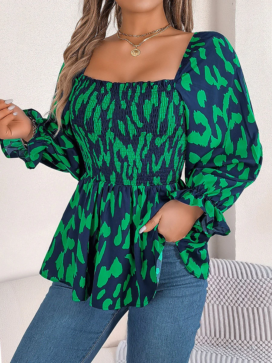 Long Sleeves Puff Sleeves Leopard Pleated Ruffled Square-Neck T-Shirts Tops - Image 3