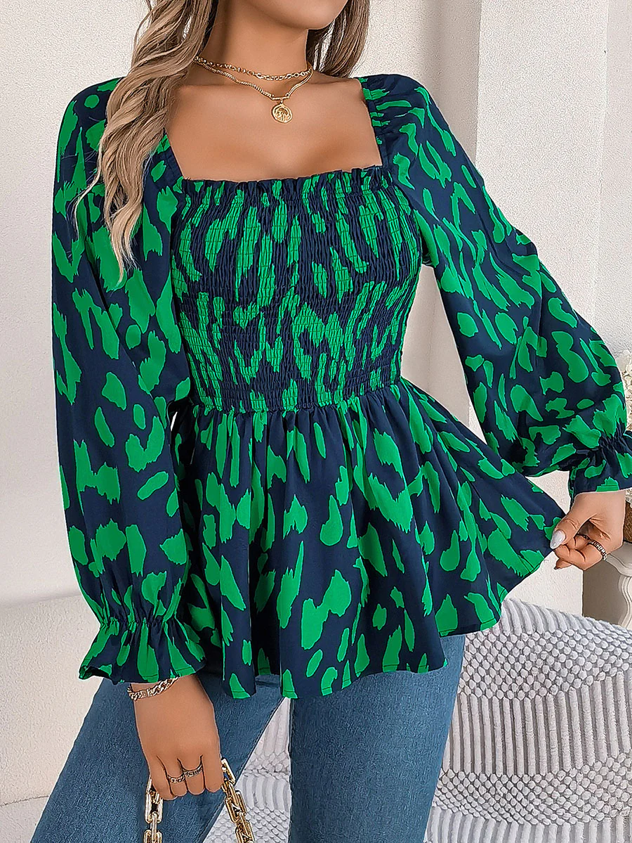Long Sleeves Puff Sleeves Leopard Pleated Ruffled Square-Neck T-Shirts Tops - Image 4