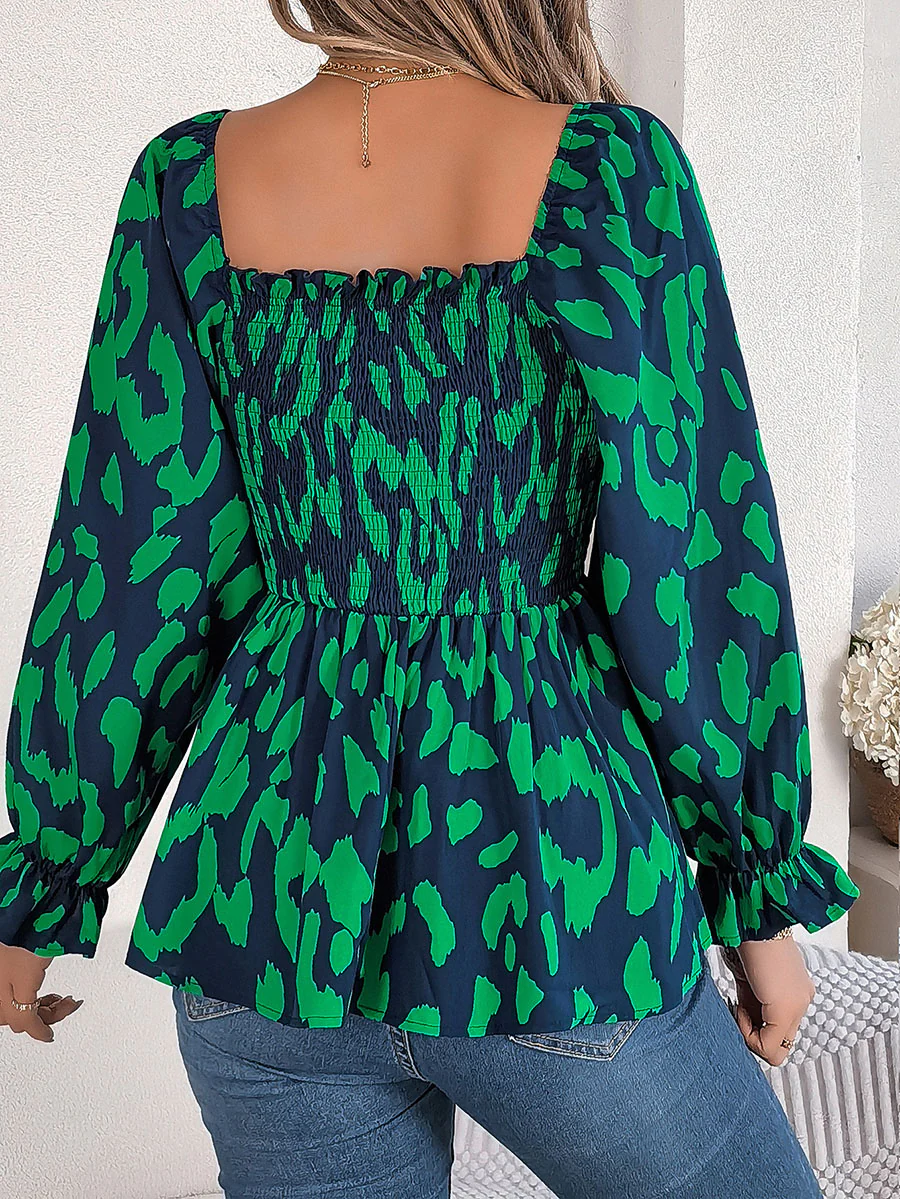 Long Sleeves Puff Sleeves Leopard Pleated Ruffled Square-Neck T-Shirts Tops - Image 6