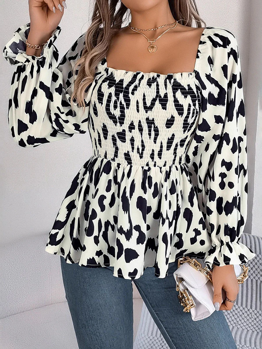 Long Sleeves Puff Sleeves Leopard Pleated Ruffled Square-Neck T-Shirts Tops - Image 7
