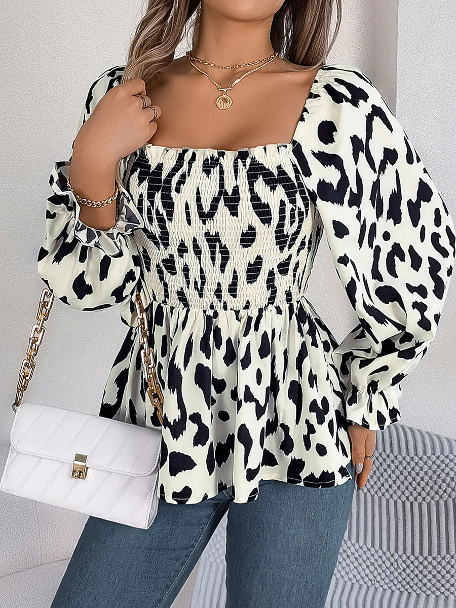 Long Sleeves Puff Sleeves Leopard Pleated Ruffled Square-Neck T-Shirts Tops - Image 8