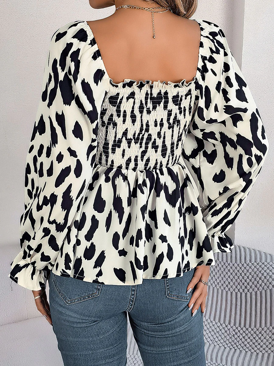 Long Sleeves Puff Sleeves Leopard Pleated Ruffled Square-Neck T-Shirts Tops - Image 9