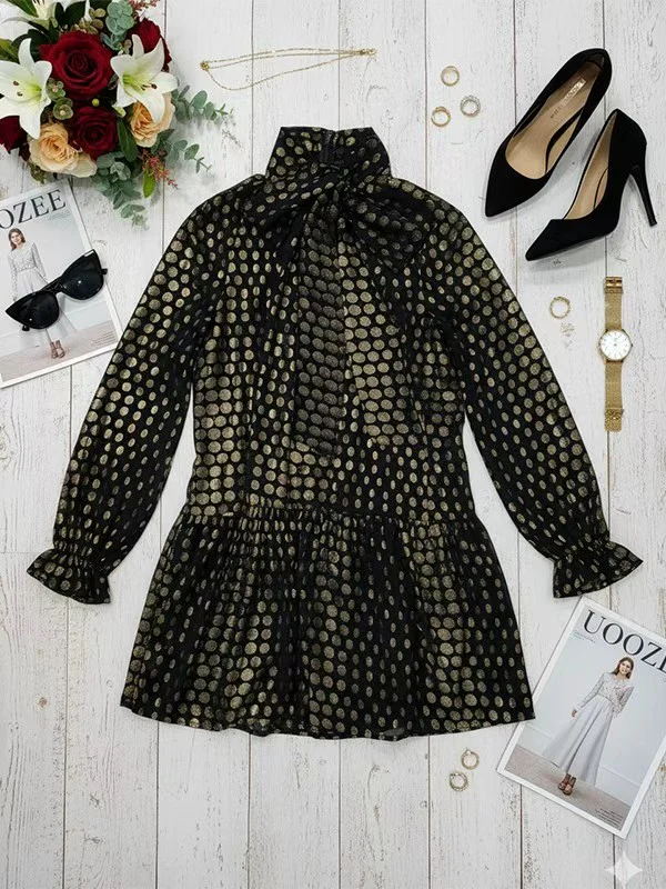 Long Sleeves Puff Sleeves Pleated Polka Dot Shiny Split-Joint High Neck Mini Dresses - Image 10