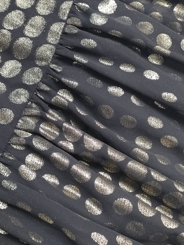 Long Sleeves Puff Sleeves Pleated Polka Dot Shiny Split-Joint High Neck Mini Dresses - Image 12