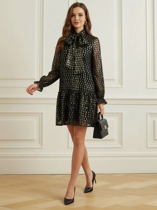 Long Sleeves Puff Sleeves Pleated Polka Dot Shiny Split-Joint High Neck Mini Dresses - Image 8