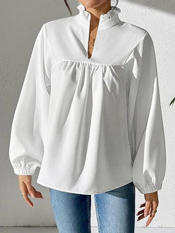Long Sleeves Puff Sleeves Pleated Ruffled Solid Color Stand Collar Blouses&Shirts Tops - Image 2
