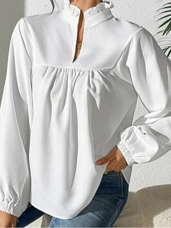 Long Sleeves Puff Sleeves Pleated Ruffled Solid Color Stand Collar Blouses&Shirts Tops - Image 3