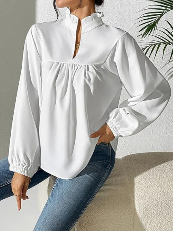Long Sleeves Puff Sleeves Pleated Ruffled Solid Color Stand Collar Blouses&Shirts Tops - Image 4