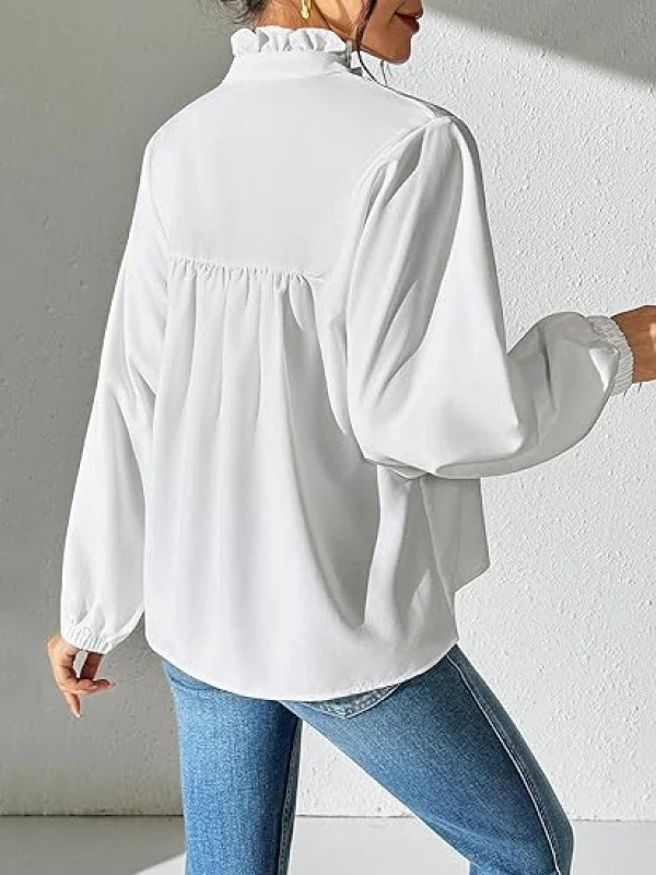 Long Sleeves Puff Sleeves Pleated Ruffled Solid Color Stand Collar Blouses&Shirts Tops - Image 5