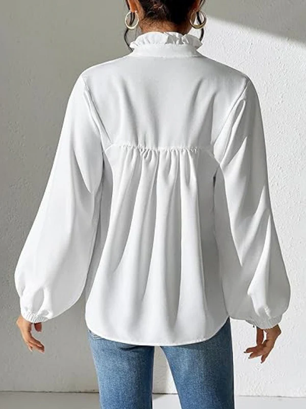 Long Sleeves Puff Sleeves Pleated Ruffled Solid Color Stand Collar Blouses&Shirts Tops - Image 6