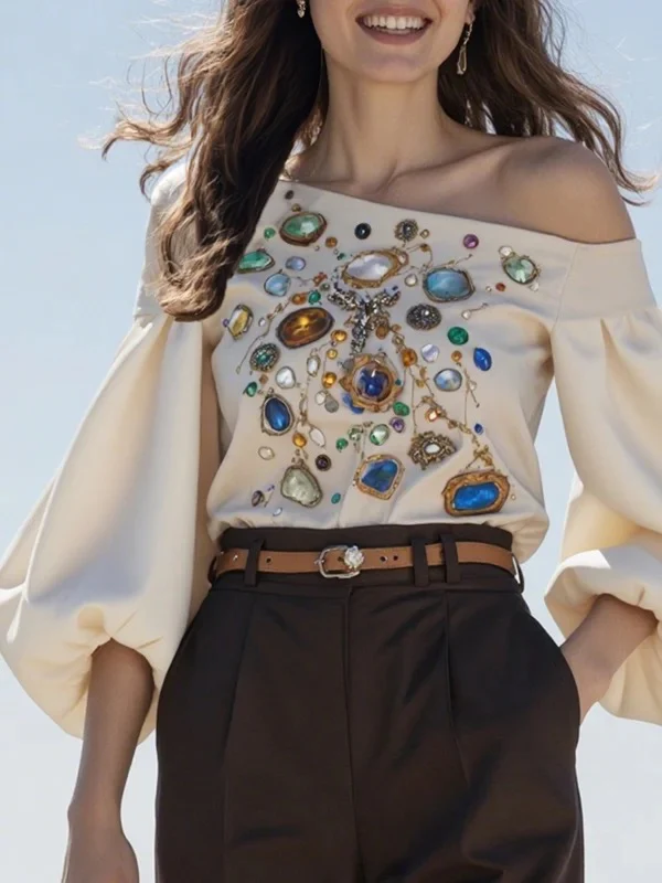 Long Sleeves Puff Sleeves Printed Off-The-Shoulder Blouses&Shirts Tops - Image 2