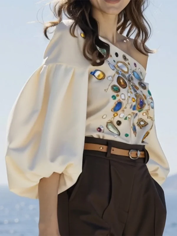 Long Sleeves Puff Sleeves Printed Off-The-Shoulder Blouses&Shirts Tops - Image 4