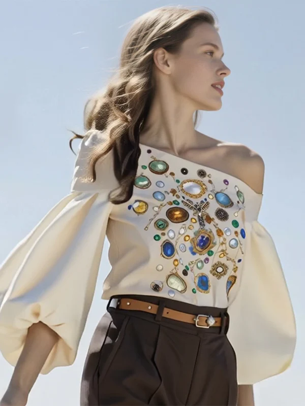 Long Sleeves Puff Sleeves Printed Off-The-Shoulder Blouses&Shirts Tops - Image 5