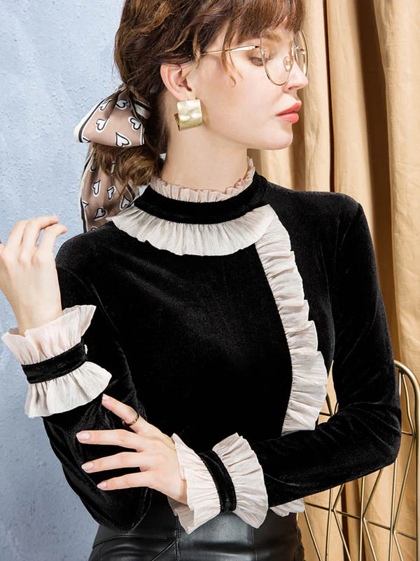 Long Sleeves Ruffle Sleeves Asymmetric Contrast Color Split-Joint Half Turtleneck T-Shirts Tops - Image 2