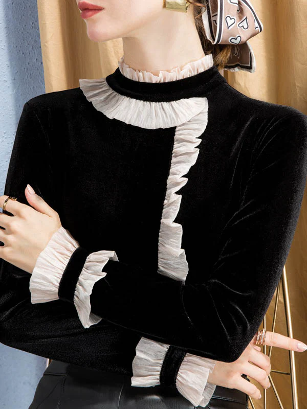 Long Sleeves Ruffle Sleeves Asymmetric Contrast Color Split-Joint Half Turtleneck T-Shirts Tops - Image 7