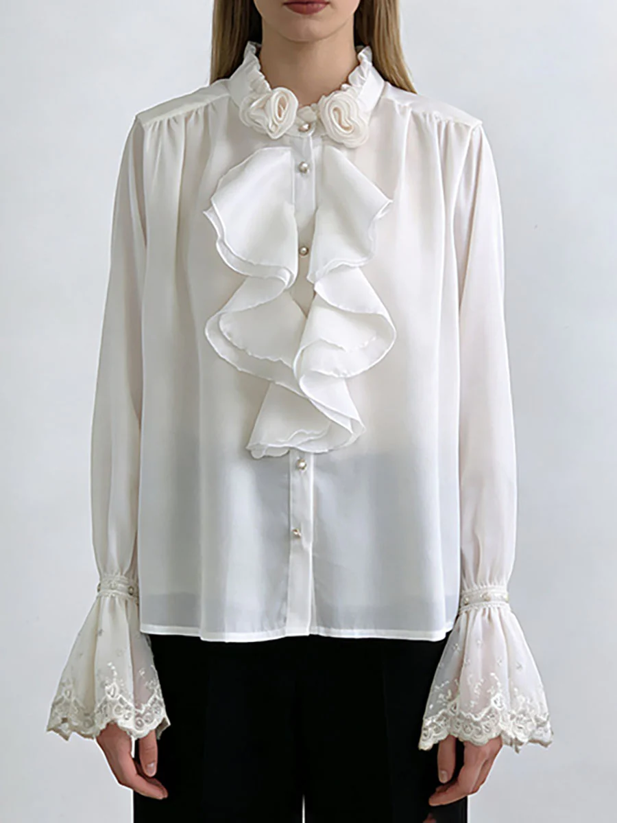 Long Sleeves Ruffle Sleeves Buttoned Pleated Ruffled Solid Color Split-Joint Stand Collar Blouses&Shirts Tops