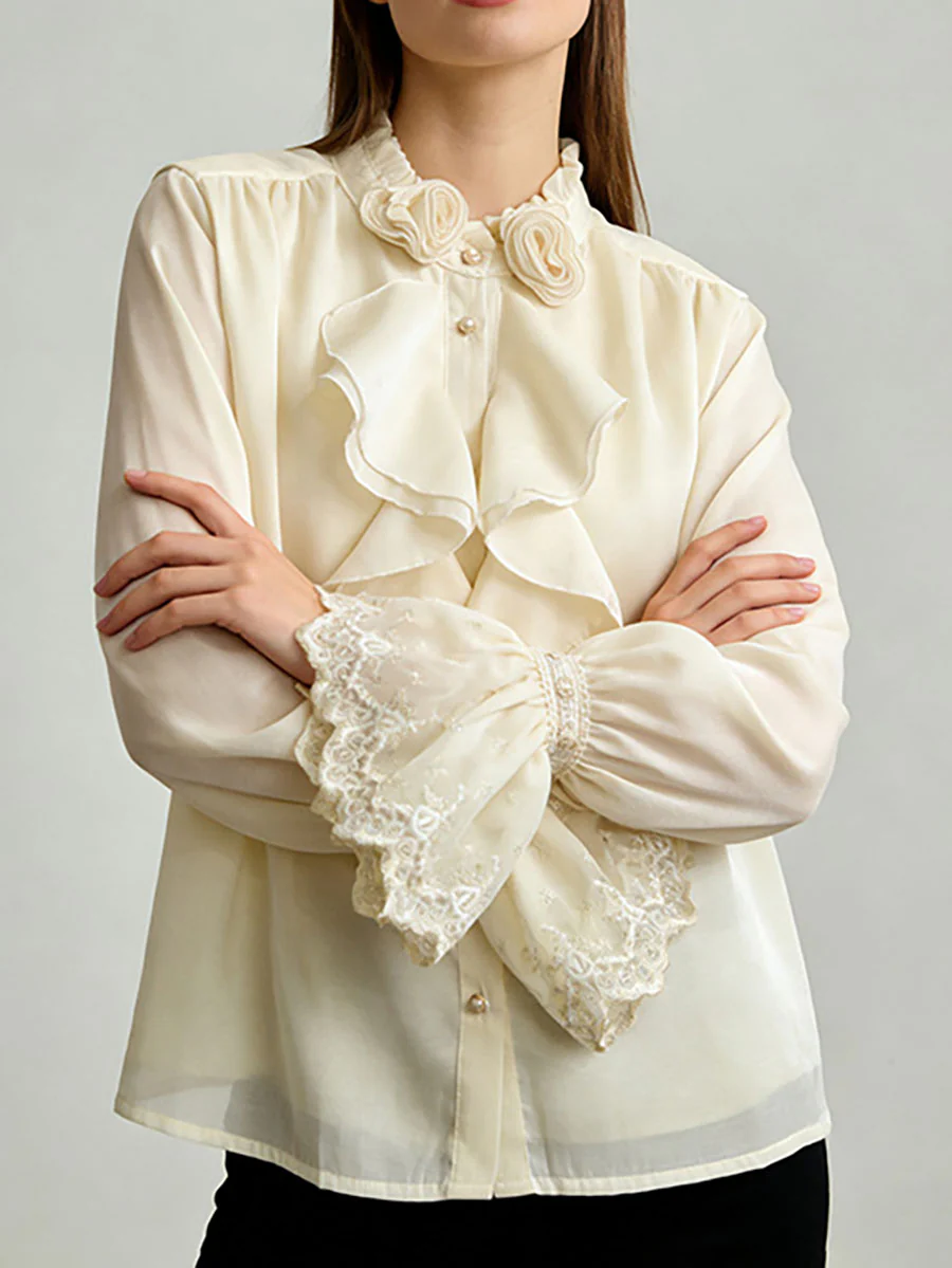 Long Sleeves Ruffle Sleeves Buttoned Pleated Ruffled Solid Color Split-Joint Stand Collar Blouses&Shirts Tops - Image 10