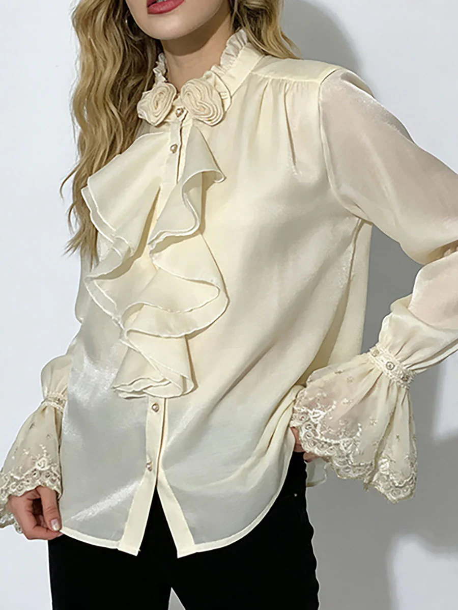 Long Sleeves Ruffle Sleeves Buttoned Pleated Ruffled Solid Color Split-Joint Stand Collar Blouses&Shirts Tops - Image 11