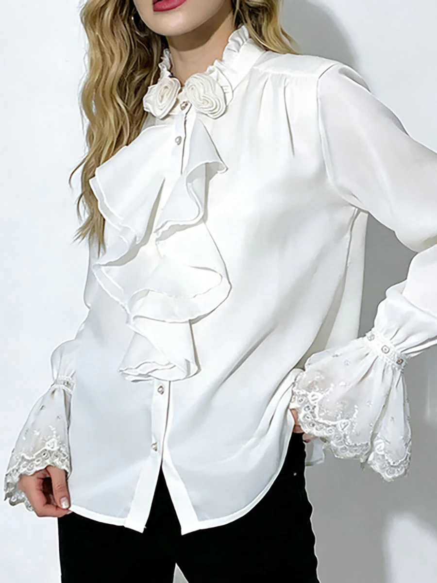 Long Sleeves Ruffle Sleeves Buttoned Pleated Ruffled Solid Color Split-Joint Stand Collar Blouses&Shirts Tops - Image 2