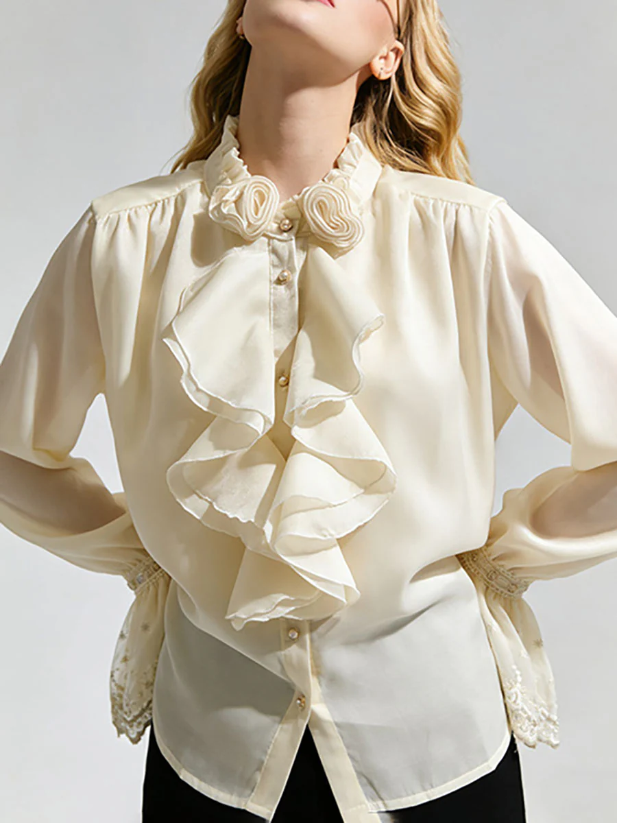 Long Sleeves Ruffle Sleeves Buttoned Pleated Ruffled Solid Color Split-Joint Stand Collar Blouses&Shirts Tops - Image 3