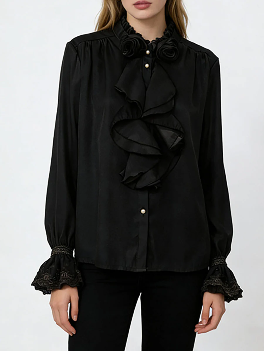 Long Sleeves Ruffle Sleeves Buttoned Pleated Ruffled Solid Color Split-Joint Stand Collar Blouses&Shirts Tops - Image 4