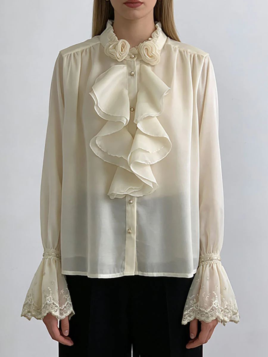 Long Sleeves Ruffle Sleeves Buttoned Pleated Ruffled Solid Color Split-Joint Stand Collar Blouses&Shirts Tops - Image 5