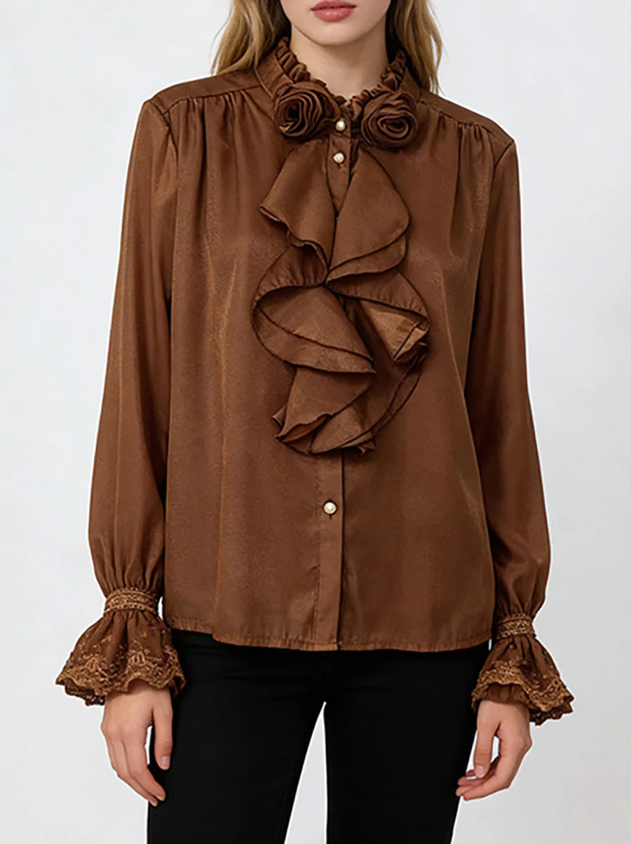 Long Sleeves Ruffle Sleeves Buttoned Pleated Ruffled Solid Color Split-Joint Stand Collar Blouses&Shirts Tops - Image 6