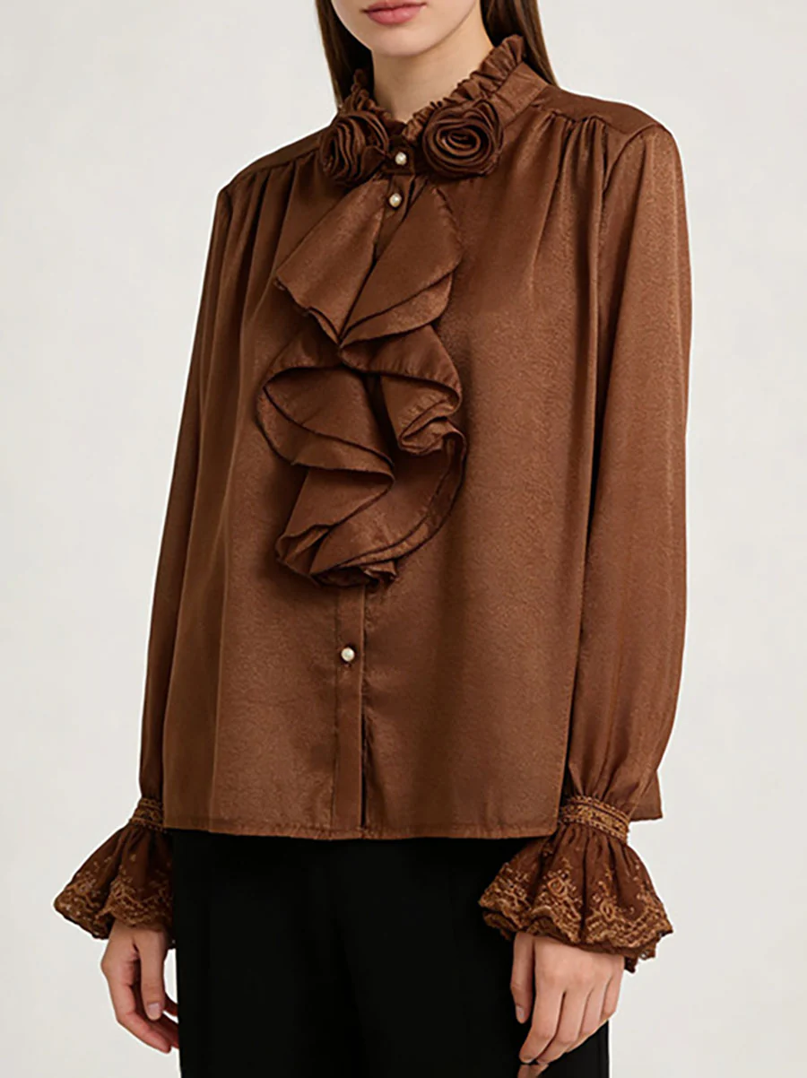 Long Sleeves Ruffle Sleeves Buttoned Pleated Ruffled Solid Color Split-Joint Stand Collar Blouses&Shirts Tops - Image 7