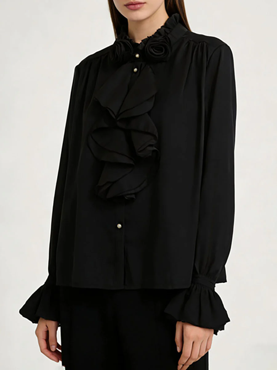 Long Sleeves Ruffle Sleeves Buttoned Pleated Ruffled Solid Color Split-Joint Stand Collar Blouses&Shirts Tops - Image 8